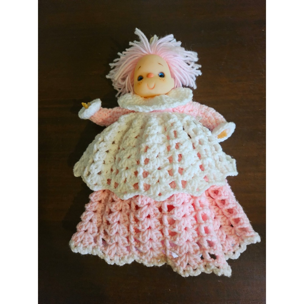 Handmade Crochet Duster Doll Kids Pink White Vintage Style Decorative Ornament